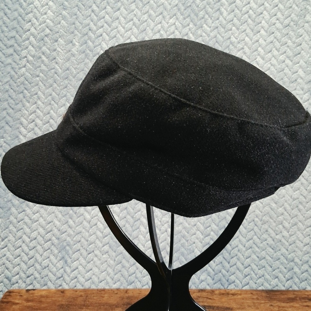 Black Wool Cadet Cap Feather Bow Rhinestone Accent Vintage Style Newsboy Hat - Picture 3 of 7